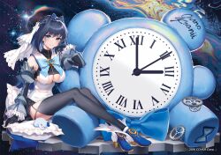 Rule 34 | 1girl, analog clock, bare shoulders, black gloves, black hair, black skirt, black thighhighs, blue eyes, blue footwear, blue hair, blue sleeves, blush, boros (ouro kronii), bow, bowtie, breasts, brooch, chain, character name, cleavage, clock, closed eyes, closed mouth, clothing cutout, colored inner hair, commentary, detached sleeves, english commentary, eyelashes, frilled pillow, frills, full body, gears, gloves, gold trim, hair between eyes, hair intakes, hand up, hololive, hololive english, jewelry, juliet sleeves, kronie (ouro kronii), large breasts, long sleeves, looking at viewer, miniskirt, multicolored hair, ouro kronii, pillow, puffy sleeves, roman numeral, satchely, shirt, shoes, short hair, side cutout, sidelocks, sitting, skirt, sleeping, sleeveless, sleeveless shirt, smile, solo, thighhighs, two-tone hair, underboob, underboob cutout, virtual youtuber, white shirt, zipper