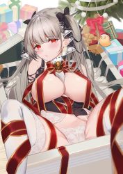Rule 34 | 1girl, azur lane, bare shoulders, bell, between breasts, black dress, blush, bound, box, breasts, christmas, christmas tree, cleavage, convenient censoring, dress, food, formidable (azur lane), frilled dress, frills, gift, grey hair, hair ribbon, hat, highres, in box, in container, lace trim, large breasts, long hair, looking at viewer, manjuu (azur lane), panties, red eyes, ribbon, ribbon bondage, santa hat, sg (satoumogumogu), sitting, solo, spread legs, thighhighs, twintails, two-tone ribbon, underwear, very long hair, white thighhighs