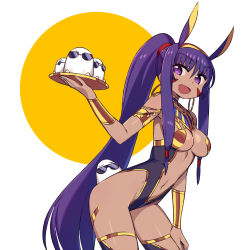 Rule 34 | 1girl, animal ears, armlet, bare shoulders, black leotard, bracer, breasts, center opening, chan co, dark-skinned female, dark skin, earrings, egyptian, facepaint, facial mark, fate/grand order, fate (series), gold trim, hair between eyes, hairband, high ponytail, highleg, highleg leotard, hoop earrings, jackal ears, jewelry, leotard, long hair, looking at viewer, low-tied long hair, medium breasts, medjed (fate), navel, nitocris (fate), open mouth, purple eyes, purple hair, sidelocks, smile, sunglasses, thighhighs, thighs, tray, two-tone background, usekh collar, very long hair, white background, yellow background