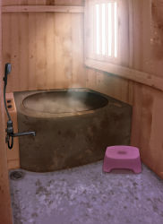 Rule 34 | abubu, bathroom, bathtub, day, indoors, nipponburo loli, no humans, original, roomscape, shower head, steam, stool, water, window