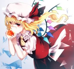 Rule 34 | 1girl, apple, asada ryou, ascot, blonde hair, broken glass, crystal, eating, flandre scarlet, food, frilled shirt collar, frills, from side, fruit, glass, hat, hat ribbon, looking at viewer, looking to the side, mob cap, puffy short sleeves, puffy sleeves, red eyes, red ribbon, red skirt, red vest, ribbon, short sleeves, side ponytail, skirt, skirt set, solo, touhou, vest, wings