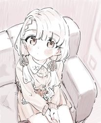 Rule 34 | blunt bangs, blush, braid, braided bangs, collared shirt, commentary request, couch, expressionless, from above, hair ribbon, highres, hisakawa nagi, idolmaster, idolmaster cinderella girls, indoors, long hair, long sleeves, looking at viewer, low twintails, monochrome, own hands together, ribbon, shirt, sitting, sketch, skirt, solo, sweater, tenoo12, twintails
