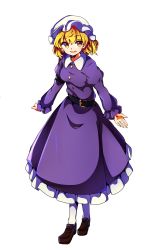 Rule 34 | 1girl, absurdres, arms at sides, baba (baba seimaijo), belt, blonde hair, blush, breasts, brown footwear, dress, full body, hat, highres, juliet sleeves, loafers, long sleeves, maribel hearn, medium breasts, mob cap, parted lips, puffy sleeves, purple dress, shoes, short hair, smile, solo, standing, tachi-e, touhou, transparent background, white legwear, yellow eyes