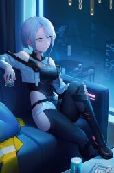 Rule 34 | 1girl, absurdres, asymmetrical bangs, black leotard, black thighhighs, blue eyes, breasts, closed mouth, couch, cropped jacket, cup, cyberpunk (series), cyberpunk edgerunners, grey hair, highleg, highleg leotard, highres, holding, holding cup, indoors, leotard, lucy (cyberpunk), medium breasts, micro shorts, piao miao, red lips, short hair, shorts, sitting, solo, thighhighs, white shorts