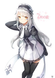 Rule 34 | 1girl, alternate costume, arm up, black thighhighs, character name, closed mouth, commentary request, corset, elsword, eve (elsword), facial mark, frilled skirt, frills, hand in own hair, hieung, juliet sleeves, leaning forward, long hair, long sleeves, looking at viewer, maid, maid headdress, necktie, pleated skirt, puffy sleeves, signature, silver hair, simple background, skirt, solo, swept bangs, thighhighs, wavy hair, white background, white necktie, white skirt, wing collar, yellow eyes