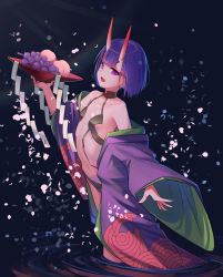 Rule 34 | 1girl, absurdres, bare shoulders, bob cut, breasts, collarbone, eyeliner, fangs, fate/grand order, fate (series), food, fruit, fruit bowl, grapes, highres, horns, japanese clothes, kimono, long sleeves, looking at viewer, makeup, navel, off shoulder, oni, open clothes, open kimono, open mouth, peach, petals, purple eyes, purple hair, purple kimono, revealing clothes, revision, ripples, sawarineko, short hair, shuten douji (fate), skin-covered horns, small breasts, smile, thighs, wading, water, wide sleeves