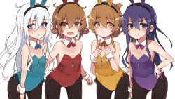 Rule 34 | &gt;:), 10s, 4girls, :d, akatsuki (kancolle), animal ears, bare shoulders, black hair, blue eyes, blue leotard, blush, breasts, brown eyes, brown hair, rabbit ears, cleavage, detached collar, fake animal ears, fang, folded ponytail, hair ornament, hairclip, hand on own hip, hands on own chest, hibiki (kancolle), ikazuchi (kancolle), inazuma (kancolle), kantai collection, leaning forward, leotard, lineup, long hair, looking at viewer, matching outfits, maze (gochama ze gohan), multiple girls, open mouth, pantyhose, playboy bunny, red leotard, short hair, silver hair, small breasts, smile, tail, v-shaped eyebrows, wrist cuffs