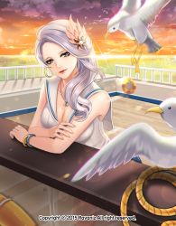 Rule 34 | 10s, 1girl, anchor symbol, artist name, bird, blade &amp; soul, breasts, brown eyes, chromatic aberration, cleavage, counter, hair ornament, highres, horizon, jewelry, large breasts, lens flare, lips, necklace, ravaniz, sailor collar, silver hair, smile, solo, sun, watermark