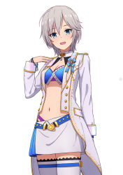 Rule 34 | 1girl, anastasia (idolmaster), arm behind back, arm up, belt, blue eyes, blue ribbon, blue wristband, bracelet, breasts, cleavage, cleavage cutout, clothing cutout, coat, crop top, grey hair, hair between eyes, highres, idol, idolmaster, idolmaster cinderella girls, jewelry, looking at viewer, navel, open clothes, open coat, open mouth, ribbon, short hair, simple background, skirt, small breasts, solo, thighhighs, white background, white coat, white skirt, yahiro (epicopeiidae)