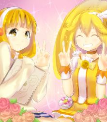 Rule 34 | 10s, 1girl, ^ ^, bad id, bad pixiv id, big hair, blonde hair, bow, choker, closed eyes, cure peace, double v, dual persona, earrings, eyelashes, closed eyes, flat chest, flower, grin, hair flaps, hair ornament, hairband, hairclip, jewelry, kise yayoi, long hair, magical girl, magister, precure, rose, school uniform, sketchbook, skirt, smile, smile precure!, tears, v, white hairband, wide ponytail, yellow bow, yellow eyes, yellow skirt