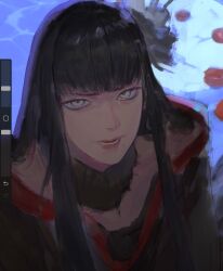 1girl aftiirth art_program_in_frame black_collar black_hair blue_background collar final_fantasy final_fantasy_xiv flower green_eyes hair_flower hair_ornament highres hyur long_hair mole mole_under_mouth open_mouth portrait solo tearing_up unfinished yotsuyu_goe_brutus