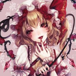 Rule 34 | 1girl, ascot, blonde hair, blush, bow, cross, crystal, eyebrows hidden by hair, eyelashes, facial mark, fangs, finger to mouth, fingernails, flandre scarlet, floral background, flower, frilled shirt collar, frills, hair flower, hair ornament, hand up, hat, head tilt, highres, holding, holding polearm, holding weapon, kyogoku-uru, laevatein (touhou), long fingernails, looking at viewer, mob cap, nail polish, nostrils, pointy ears, polearm, puffy short sleeves, puffy sleeves, purple background, red bow, red eyes, red flower, red nails, red ribbon, red rose, red vest, ribbon, rose, short sleeves, simple background, solo, tongue, tongue out, touhou, uneven eyes, upper body, vest, wavy hair, weapon, white hat, wings, wrist cuffs, yellow ascot