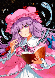 Rule 34 | 1girl, :o, bad id, bad pixiv id, blue bow, blunt bangs, blush, book, bow, capelet, commentary request, dark background, dress, floating hair, frilled shirt collar, frills, hair bow, hair ribbon, hand up, hat, holding, holding book, long hair, looking at viewer, mob cap, open book, open mouth, patchouli knowledge, pink capelet, pink dress, pink eyes, pink hat, purple hair, qqqrinkappp, red bow, ribbon, simple background, solo, touhou, traditional media, tress ribbon, upper body, very long hair, water, wide sleeves