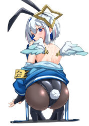 Rule 34 | 1girl, absurdres, amane kanata, angel wings, animal ears, armband, ass, ass focus, black footwear, black gloves, black leotard, blue hair, blue jacket, blush, colored inner hair, detached collar, fake animal ears, fake tail, feathered wings, fingerless gloves, from behind, gloves, grey hair, halo, high heels, highres, hololive, jacket, leotard, looking at viewer, looking back, multicolored hair, nyang-kaz, pantyhose, playboy bunny, pumps, purple eyes, rabbit ears, rabbit tail, short hair, simple background, solo, squatting, tail, virtual youtuber, white background, wings, yellow armband