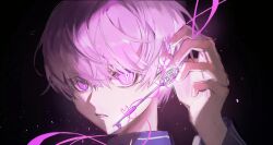 Rule 34 | 1boy, absurdres, binxngchng1, black background, commentary, glowing, hand up, heart, highres, key, long sleeves, looking at viewer, male focus, master detective archives: rain code, parted lips, portrait, purple eyes, purple hair, short hair, solo, symbol in eye, yuma kokohead