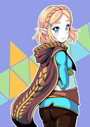 Rule 34 | 1girl, ass, blonde hair, breasts, cape, from behind, green eyes, hair ornament, hairclip, hood, looking at viewer, looking back, mana12, nintendo, pants, pointy ears, princess zelda, shiny clothes, short hair, sideboob, smile, solo, the legend of zelda, the legend of zelda: breath of the wild, the legend of zelda: tears of the kingdom