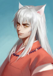 Rule 34 | 1boy, animal ears, aqua background, dabul, dog ears, highres, inuyasha, inuyasha (character), jewelry, long hair, male focus, necklace, simple background, solo, upper body, very long hair, white hair, yellow eyes