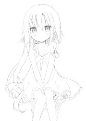 Rule 34 | 1girl, asymmetrical hair, bare arms, bare shoulders, between legs, blush, closed mouth, dress, greyscale, hair between eyes, hand between legs, long hair, looking at viewer, monochrome, original, simple background, sitting, sleeveless, sleeveless dress, solo, strap slip, tia-chan, uchuuneko, very long hair, white background