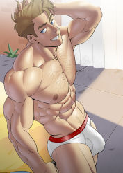 Rule 34 | 1boy, abs, absurdres, bara, blue hair, briefs, bulge, chest hair, commentary, edging underwear, english commentary, feet out of frame, from above, grin, hand in own hair, highres, large pectorals, light brown hair, male focus, male underwear, muscular, muscular male, navel, navel hair, nipples, paid reward available, pectorals, q-force, paid reward available, short hair, sideburns, smile, solo, steve maryweather, stomach, suyohara, thick thighs, thighs, topless male, undercut, underwear, underwear only, white male underwear