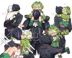 Rule 34 | 1boy, 1girl, bondrewd, boots, carrying, child, coat, dress, father and daughter, gloves, green hair, holding hands, heart, hetero, hug, interlocked fingers, jewelry, kiss, made in abyss, mask, multicolored hair, necklace, open mouth, piggyback, prushka, red eyes, saiko67, simple background, whistle, white background, white hair