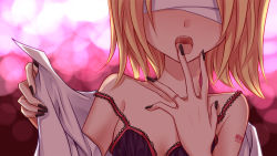 Rule 34 | 1girl, black nails, blindfold, blonde hair, face, highres, kagamine rin, licking, nail polish, open mouth, short hair, solo, tongue, vocaloid, yayoi (egoistic realism)