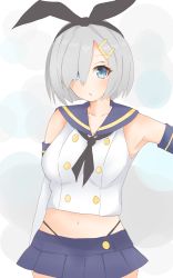 Rule 34 | 1girl, bad id, bad pixiv id, bare shoulders, black panties, blue eyes, breasts, cosplay, crop top, elbow gloves, eyebrows, gloves, hair ornament, hair over one eye, hairband, hairclip, hamakaze (kancolle), highres, kantai collection, kiririn (ankade), large breasts, looking at viewer, navel, panties, shimakaze (kancolle), shimakaze (kancolle) (cosplay), short hair, silver hair, simple background, solo, underwear, white gloves
