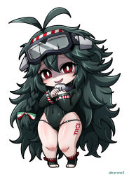 Rule 34 | 1girl, :d, antenna hair, azur lane, bodysuit, braid, character name, chibi, commentary request, copyright name, covered navel, dark green hair, diving mask, diving mask on head, diving suit, full body, goggles, goggles on head, green hair, groin, hair between eyes, hands up, kurono, leg tattoo, long hair, looking at viewer, one-piece swimsuit, open mouth, red eyes, shaded face, shiny skin, sidelocks, simple background, skindentation, smile, solo, standing, swimsuit, tattoo, thick thighs, thighs, torricelli (azur lane), twitter username, very long hair, wetsuit, white background