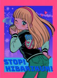 Rule 34 | 1980s (style), 1boy, ass, black jacket, blonde hair, blue eyes, blunt bangs, blush, border, can, city, closed mouth, copyright name, drink can, green pants, hairband, hand on own hip, heart, highres, holding, holding can, jacket, long hair, male focus, menma (enaic31), oldschool, one eye closed, oozora hibari, pants, pink border, pink hairband, pink theme, purple background, retro artstyle, soda can, solo, sparkle, stop!! hibari-kun!, trap, white sleeves