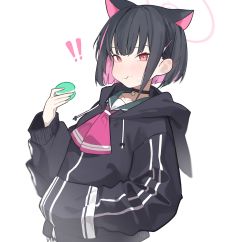 Rule 34 | !, !!, 1girl, :t, absurdres, animal ears, ascot, black hair, black hoodie, blue archive, blush, choker, colored inner hair, fataaa, food, food on face, halo, hand in pocket, hand up, highres, holding, holding food, hood, hood down, hoodie, kazusa (blue archive), long sleeves, looking at viewer, macaron, multicolored hair, pink ascot, red eyes, sailor collar, short hair, short sleeves, simple background, solo, upper body, white background