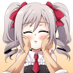 Rule 34 | 10s, 1girl, blush, bow, closed eyes, drill hair, frills, hair bow, hands on another&#039;s cheeks, hands on another&#039;s face, idolmaster, idolmaster cinderella girls, kanzaki ranko, necktie, open mouth, silver hair, sleeveless, twintails, uraichishi