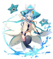 Rule 34 | &gt;:), 1girl, black choker, black one-piece swimsuit, black thighhighs, blue eyes, blue gloves, blue hair, blue hat, breasts, cape, center opening, choker, full body, gloves, hat, kraken (monster super league), long hair, medium breasts, monster super league, navel, one-piece swimsuit, parted lips, revealing clothes, solo, starfish, swimsuit, thighhighs, ujou, water