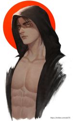 Rule 34 | 1boy, abs, absurdres, alternate pectoral size, commentary request, cropped torso, ekit70, eren yeager, highres, hood, hood up, jacket, large pectorals, lips, male focus, nipples, aged up, open clothes, open jacket, pectoral cleavage, pectorals, shingeki no kyojin, short hair, solo, stomach, yaoi
