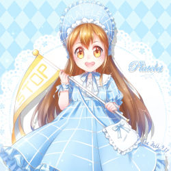 Rule 34 | 10s, 1girl, :d, argyle, argyle background, argyle clothes, blue dress, blue ribbon, brown eyes, brown hair, catbell413, character name, dress, flag, hair between eyes, hataraku saibou, headdress, holding, holding flag, long hair, looking at viewer, open mouth, platelet (hataraku saibou), ribbon, short sleeves, smile, solo, standing, striped ribbon, very long hair