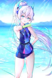 Rule 34 | 1girl, absurdres, bad id, bad pixiv id, blue eyes, breasts, character request, closed mouth, elsword, food, hair ornament, hairclip, highres, holding, holding food, licking lips, light purple hair, long hair, ocean, pointy ears, ponytail, shirt, shorts, sleeveless, sleeveless shirt, small breasts, solo, standing, tj (yzrs4437), tongue, tongue out, water
