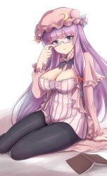 Rule 34 | adjusting eyewear, bespectacled, black pantyhose, blue bow, blue ribbon, book, bow, bowtie, breasts, cleavage, commentary request, glasses, hair bow, hand on eyewear, hat, hat ribbon, highres, large breasts, long hair, long sleeves, md5 mismatch, mob cap, namiki (remiter00), open book, pantyhose, patchouli knowledge, purple bow, purple eyes, purple hair, purple neckwear, red-framed eyewear, red bow, red ribbon, resolution mismatch, ribbon, sitting, source smaller, striped, touhou, very long hair
