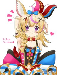Rule 34 | 1girl, animal ear fluff, animal ears, arm behind back, arm behind head, arm up, armpits, bare shoulders, blonde hair, blue bow, blush, bow, braid, breasts, character name, closed mouth, clothing cutout, club hair ornament, collarbone, diamond hair ornament, facial mark, fox ears, hair bow, hair ornament, hairclip, hat, heart, heart-shaped pupils, heart hair ornament, hololive, jester cap, long hair, mitya, multicolored hair, navel, navel cutout, notice lines, omaru polka, omaru polka (1st costume), pink hair, playing card theme, pleated skirt, purple eyes, simple background, skirt, small breasts, smile, solo, spade hair ornament, streaked hair, striped clothes, striped skirt, symbol-shaped pupils, tilted headwear, twitter username, vertical-striped clothes, vertical-striped skirt, virtual youtuber, white background, x hair ornament