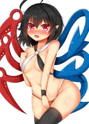 Rule 34 | 1girl, :o, ahoge, asymmetrical wings, bare arms, bare shoulders, bikini, black hair, black thighhighs, blush, breasts, collarbone, cowboy shot, daichi (tokoya), full-face blush, groin, halterneck, highres, houjuu nue, lips, medium breasts, navel, o-ring, o-ring swimsuit, open mouth, pointy ears, red eyes, revealing clothes, short hair, simple background, slingshot swimsuit, solo, standing, stomach, sweatdrop, swimsuit, thighhighs, thighs, tokoya, touhou, underboob, white background, wings, wristband