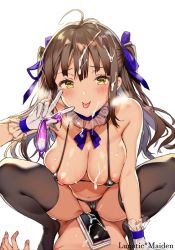 Rule 34 | 1girl, ahoge, bare arms, bare shoulders, black bra, black panties, black thighhighs, bra, breasts, breath, brown hair, cellphone, choker, cleavage, clothing aside, condom, cum, cum on body, cum on upper body, facial, frilled choker, frills, gloves, hair ribbon, harunoibuki, hetero, holding, large breasts, long hair, looking at viewer, lying, navel, nipples, no shoes, original, panties, panties aside, phone, ribbon, sex, simple background, smartphone, smile, solo focus, squatting, thighhighs, tongue, tongue out, two side up, underwear, used condom, v, white background, white gloves, yellow eyes