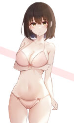 Rule 34 | 1girl, arm under breasts, bare shoulders, bikini, black hair, bow, bow bra, bra, breasts, cleavage, collarbone, commentary, cowboy shot, frontera, groin, hair between eyes, halterneck, highres, katou megumi, large breasts, light blush, looking at viewer, navel, open mouth, panties, pink bikini, saenai heroine no sodatekata, short hair, simple background, solo, standing, stomach, swimsuit, underwear, white background, yellow eyes