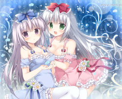 Rule 34 | 2girls, :d, :o, airi (alice or alice), alice or alice, bare shoulders, blue bow, blue dress, blue sleeves, blush, bow, breasts, cleavage, commentary request, detached sleeves, dress, green eyes, hair between eyes, hair bow, highres, korie riko, long hair, medium breasts, multiple girls, open mouth, parted lips, pink dress, pink sleeves, puffy short sleeves, puffy sleeves, purple eyes, red bow, rise (alice or alice), short sleeves, silver hair, sleeveless, sleeveless dress, smile, thighhighs, very long hair, white legwear