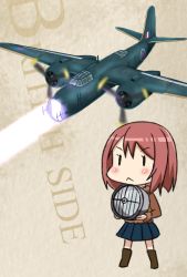 Rule 34 | 1girl, aircraft, airplane, blue skirt, blunt bangs, bob cut, brown jacket, commentary request, douglas havoc, fairy (kancolle), full body, jacket, kantai collection, life vest, long sleeves, pleated skirt, red hair, searchlight, short hair, skirt, solid oval eyes, solo, standing, tsukemon, vehicle focus