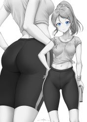 Rule 34 | 1girl, artist name, artist request, ayase eli, blonde hair, blue eyes, blush, breasts, collarbone, female focus, greyscale, hair between eyes, hair ornament, hair scrunchie, hairclip, hand on own hip, high ponytail, highres, holding, long hair, looking at viewer, love live!, love live! school idol project, monochrome, parted lips, ponytail, scrunchie, shirt, short hair, short sleeves, smile, solo, sportswear, tied shirt, unsfrau, white background, wristband