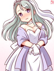 Rule 34 | 1girl, alternate costume, artist logo, asymmetrical bangs, bare shoulders, breasts, bridal veil, bride, choker, cleavage, collarbone, cowboy shot, dated, dress, forehead, gloves, gradient background, grey hair, jacket, kanon (kurogane knights), kantai collection, long hair, looking at viewer, one-hour drawing challenge, open mouth, own hands together, purple background, purple eyes, purple jacket, purple shawl, sagiri (kancolle), shawl, sleeveless, sleeveless dress, small breasts, smile, solo, strapless, strapless dress, tiara, v arms, veil, wedding dress, white background, white choker, white dress, white gloves
