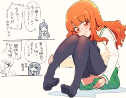 3girls black_thighhighs blush breasts closed_mouth girls_und_panzer isuzu_hana long_hair looking_at_viewer medium_breasts monolith_(suibou_souko) multiple_girls ooarai_school_uniform orange_eyes orange_hair reizei_mako school_uniform sitting smile takebe_saori thighhighs