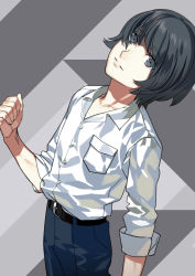 Rule 34 | 10s, 1boy, belt, black hair, clenched hand, eyes visible through hair, grey eyes, highres, kurahana chinatsu, looking at viewer, loose clothes, loose shirt, male focus, official art, patterned background, samurai flamenco, sawada haiji, shirt, simple background, smile, smirk, solo, white shirt