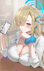 Rule 34 | alracoco, asuna (blue archive), blonde hair, blue archive, blue eyes, blush, breasts, chair, chalkboard, choker, classroom, cleavage, collarbone, desk, grin, hair between eyes, hair over one eye, halo, highres, holding, holding phone, indoors, large breasts, long hair, long sleeves, looking at viewer, mole, mole on breast, open clothes, partially unbuttoned, phone, school desk, school uniform, scrunchie, shirt, sitting, smile, solo, table, upper body, white shirt, wrist scrunchie