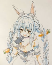 Rule 34 | 1girl, animal ear fluff, animal ears, arm cuffs, black gloves, black leotard, blue hair, braid, breasts, carrot hair ornament, cleavage, cowboy shot, dress, food-themed hair ornament, fur-trimmed gloves, fur scarf, fur trim, fuusuke (fusuke208), gloves, hair between eyes, hair ornament, hand to own mouth, highres, hololive, leotard, light blue hair, long hair, looking at viewer, marker (medium), medium breasts, multicolored hair, off-shoulder dress, off shoulder, open mouth, orange eyes, playboy bunny, rabbit ears, silver hair, simple background, sleeveless, sleeveless dress, smile, smug, solo, symbol-shaped pupils, thick eyebrows, traditional media, twin braids, twintails, twitter username, two-tone hair, usada pekora, usada pekora (1st costume), virtual youtuber, white background, white dress