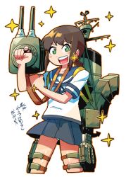 Rule 34 | 1girl, :d, blue ribbon, blue sailor collar, blue skirt, blush stickers, brown hair, cannon, cropped legs, dot nose, finger on trigger, fingernails, fubuki (kancolle), green eyes, hand up, kantai collection, legs apart, looking at viewer, neck ribbon, open mouth, panties, pantyshot, ponytail, rariatto (ganguri), ribbon, rigging, sailor collar, shirt, short sleeves, simple background, skirt, smile, solo, sparkle, standing, translation request, underwear, white background, white panties, white shirt