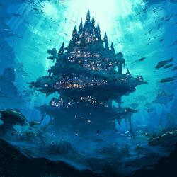 architecture blue_theme building castle city city_lights commentary_request dattosan fantasy fish highres light_rays no_humans original scenery school_of_fish spire tower underwater underwater_city