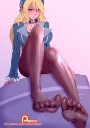 Rule 34 | 1girl, atago (kancolle), blonde hair, blush, breasts, cavalry (maslow), feet, female focus, foot focus, from below, green eyes, hat, kantai collection, large breasts, long hair, looking at viewer, no shoes, pantyhose, pov, sitting, soles, solo, toes